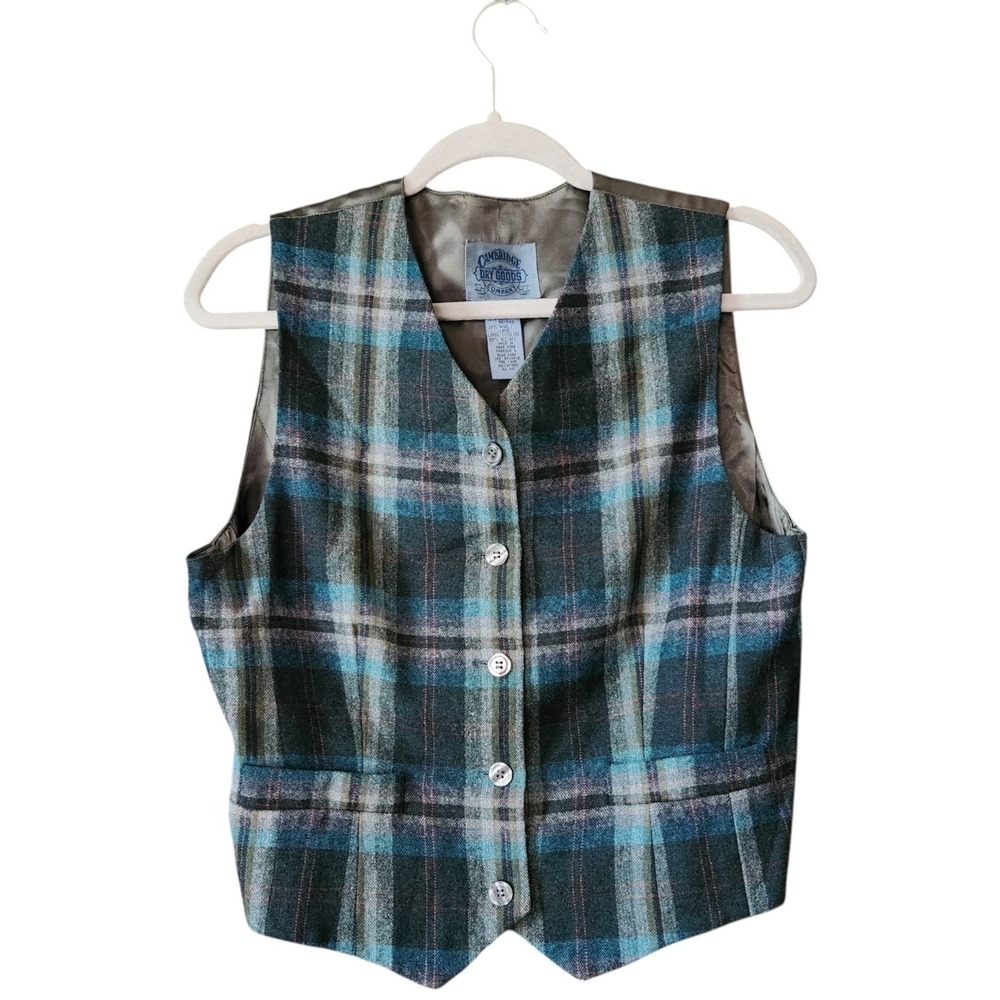 Vtg Cambridge Dry Goods Plaid Vest Cottage Prairie Grandma Size Small Green